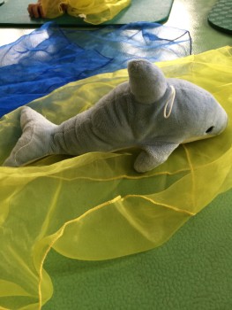Der kleine Delfin ist mit einer großen Welle an den Strand gespült worden